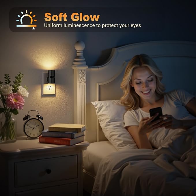 JandCase Motion Night Light, Rotating Night Lights Plug into Wall, 3 Colors | 3000K-5000K-Amber, Dusk to Dawn & Motion Sensor, 3 Level Brightness Nightlight for Bathroom Bedroom Hallway [2 Pack]