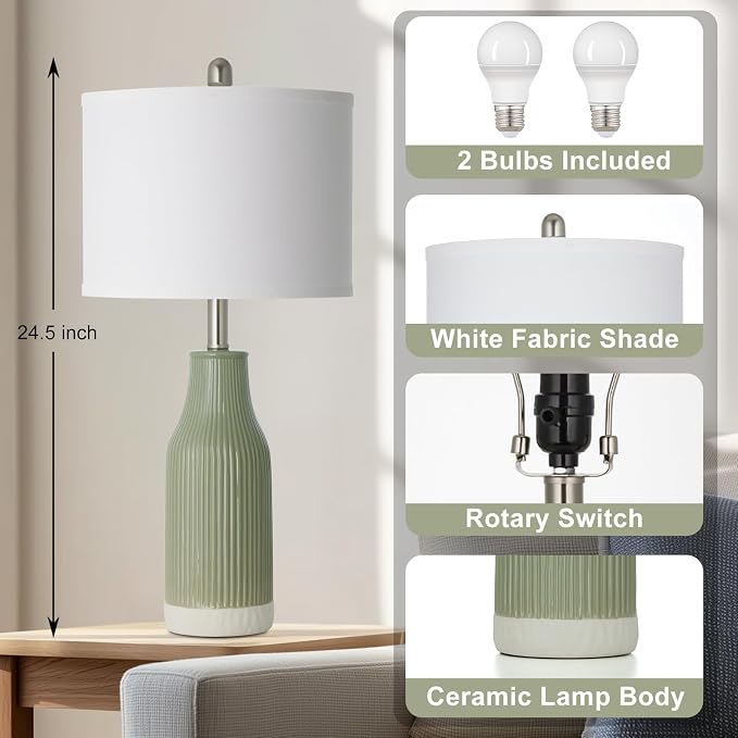 24.5" Ceramic Table Lamps Set of 2 for Bedroom, Sage Green Table Lamps for Living Room End Table, Small Farmhouse Bedside Lamps for Nightstands (2 LED Bulbs Included)