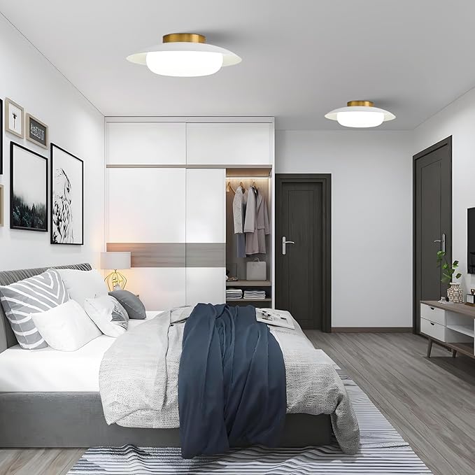 Modern LED Semi Flush Mount Ceiling Light Fixture,Round Matte White and Gold Close to Ceiling Lamp Flushmount Lighting Fixtures for Kitchen Master Bedroom Living Room Entryway,5000K,15.74 inch