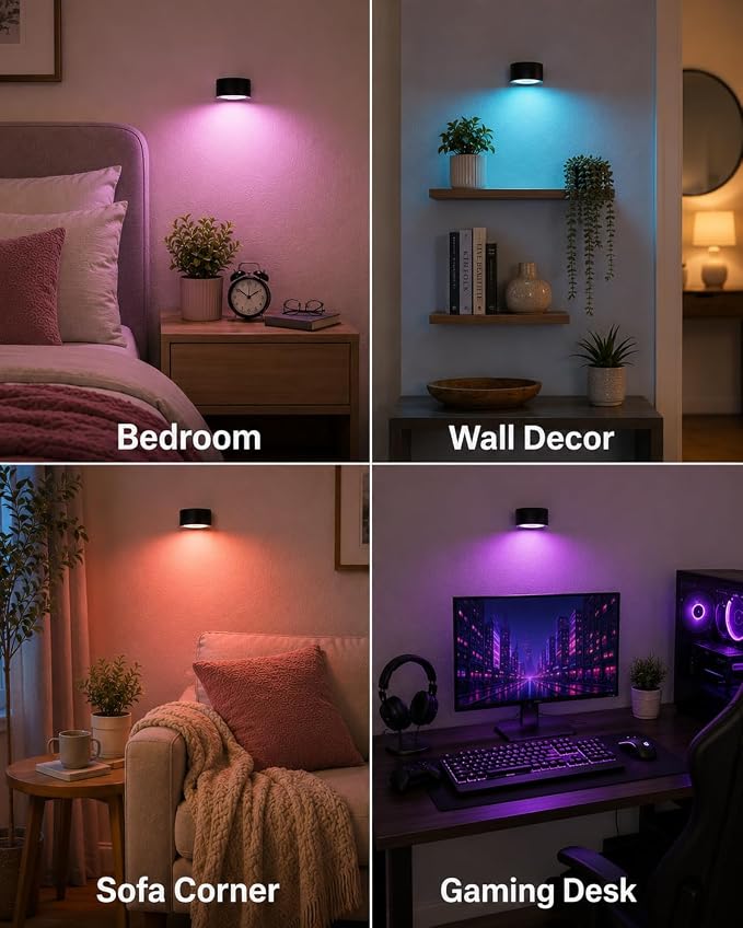 Rechargeable RGB Wall Sconces with Remote, Dimmable 360° Lights | 80 RGB Colors, 3 Color Temperatures, Remote and Touch Control, Ideal for Gaming Rooms and Bedrooms