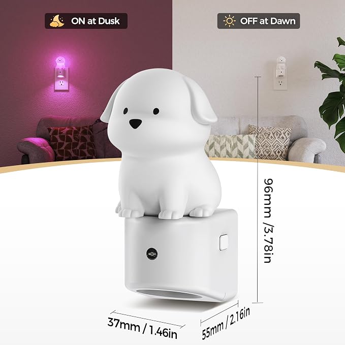 Night Light for Kids,3D Cute Puppy Kids Night Light with Sensor | Dusk to Dawn Sensor,RGB+Soft White 3000K,Plug in Night Light for Kids Room Decor,Birthday Gift Nightlight for Kids
