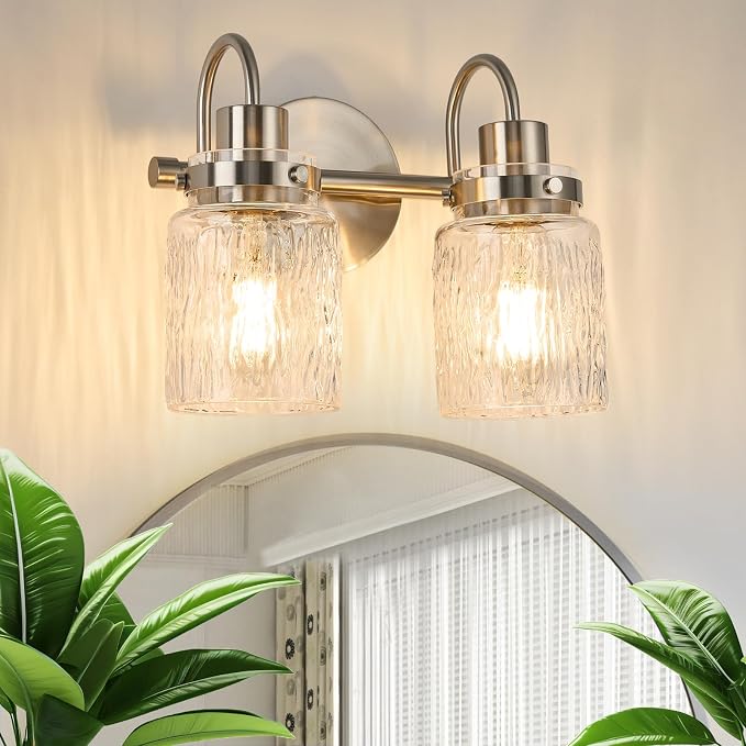 2 Lights Hammered Glass Bathroom Vanity Light,Brushed Nickel | Easy Installation,Up or Down,Farmhouse Modern Style,E26 Socket,ETL Certification
