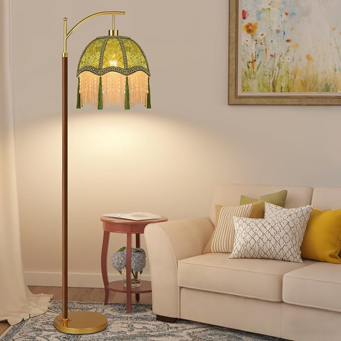 Wood Floor Lamps for Living Room Arc Boho Floor Lamp with Remote Control &3 Color Temperature,Vintage Green Floor Lamp Flower Mid Century Modern Standing Lamp Fringe Tall Floor Lamp for Bedroom Corner
