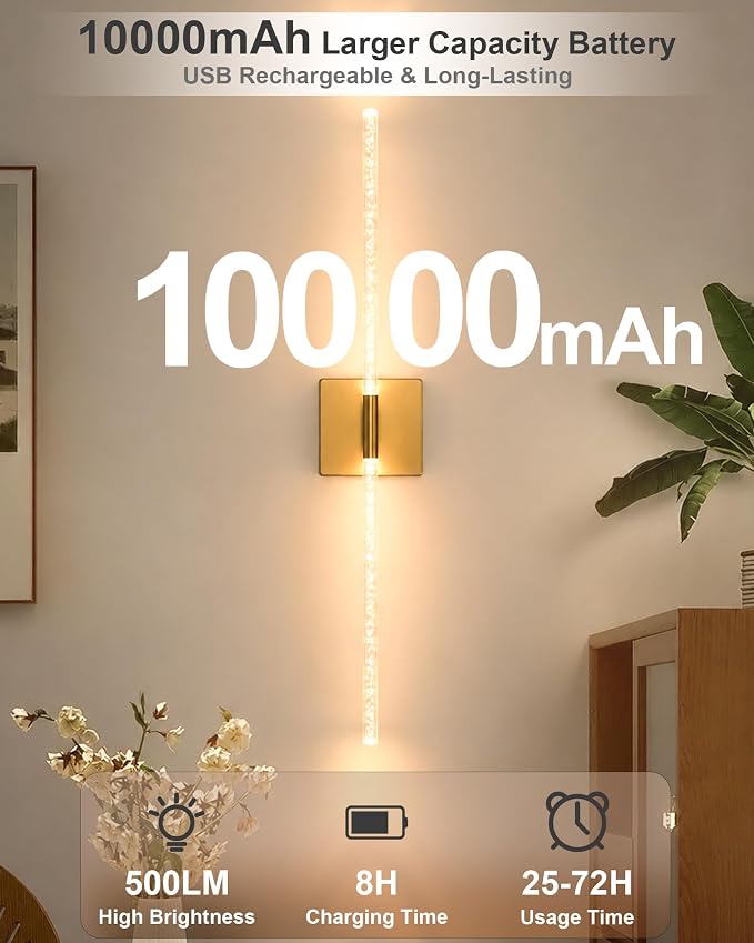 Wall Sconce Set of 2: Gold Rechargeable Wireless Magnetic Install, Crystal | 10000mAh Battery Operated, 360° Rotatable Wall Light,4CCT Dimmable LED Scone Lighting for Living Room Bedroom. 31.7in