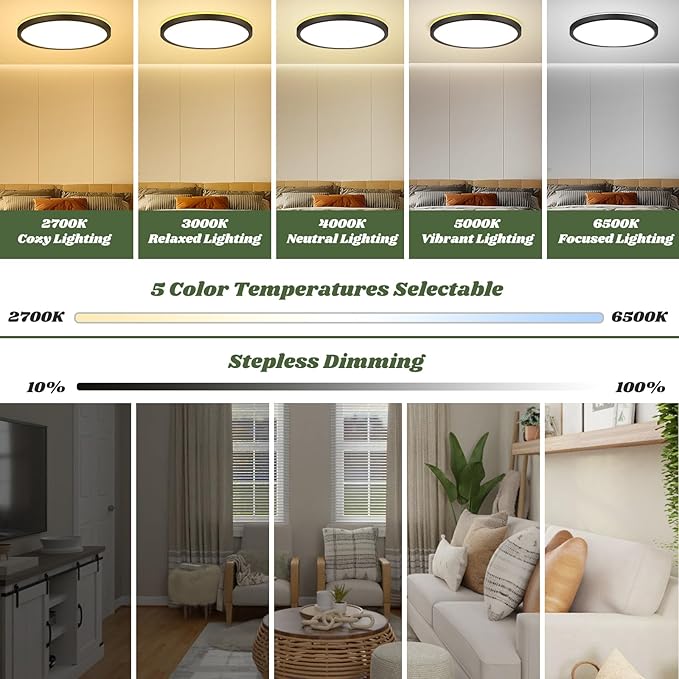 Brightever Black LED Flush Mount Ceiling Lights with Night Light, 12 Inch 2 Packs, 24W 2400LM Ceiling Light Fixtures, Dimmable & 2700K-6500K 5 Color in One Ceiling Lamp for Kitchen, Hallway, Closet