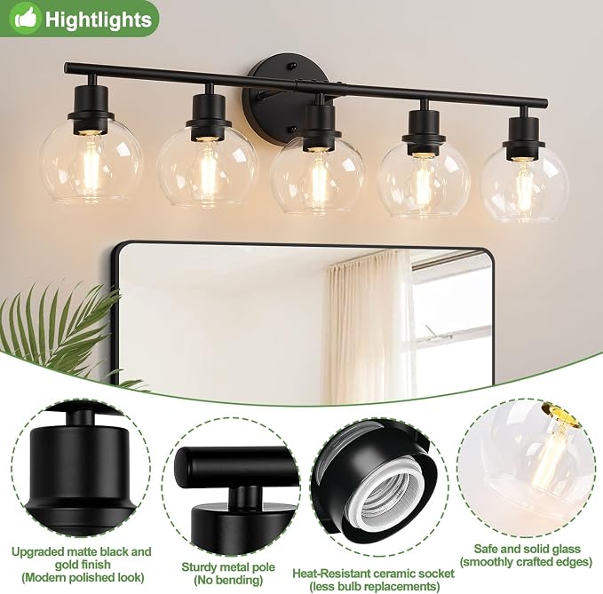 5-Light Bathroom Light Fixture, Matte Black Vanity Light with Clear Glass Globe Shades, Modern Bathroom Lights Over Mirror, Wall Sconce Lighting for Bathroom, Bedroom, Hallway, Living Room, Porch