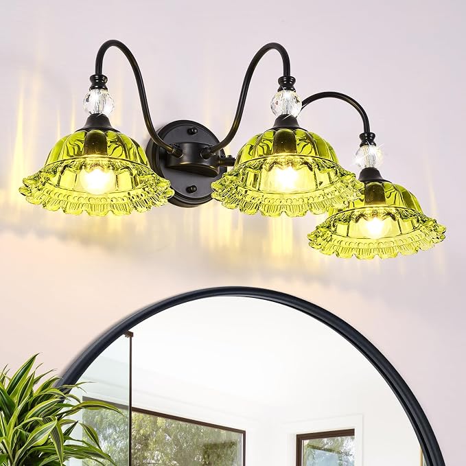 Vintage Bathroom Vanity Light Fixtures 3 Lights Matte Black Vanity Lights for Bathroom with Floral Green Crystal Glass Shades Vanity Wall Lights for Mirror Bedroom Living Room Hallway