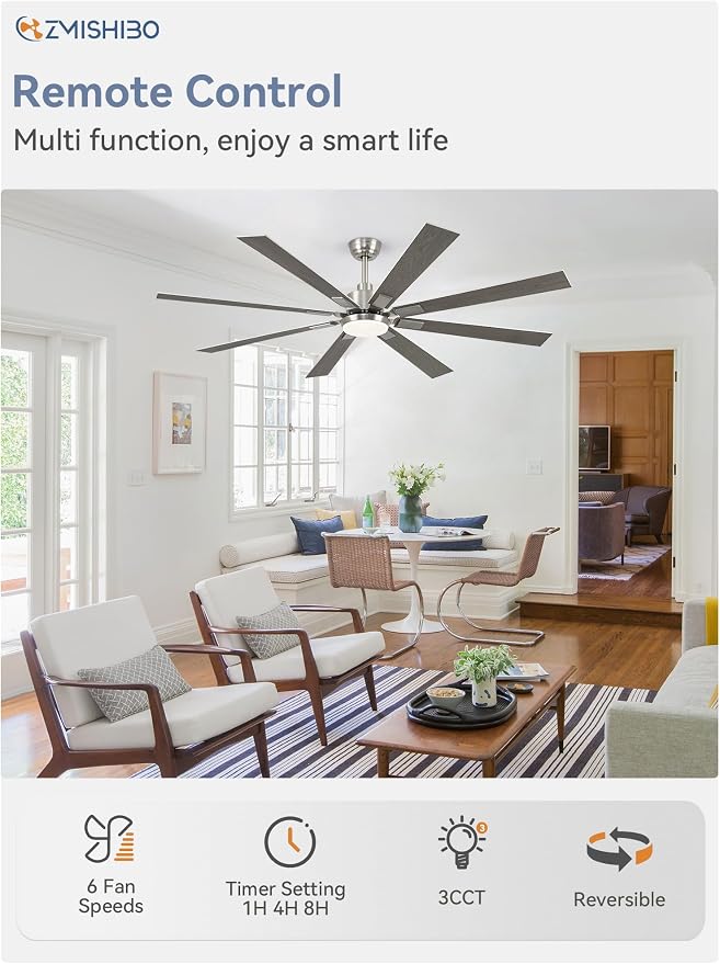 ZMISHIBO 72” Modern Ceiling Fan with Light, Remote Control, Brushed Nickel | High CFM Powerful Airflow, Quiet DC Motor, 24W 3 CCT LED, Indoor/Covered Outdoor, Dual-Finish, Damp Rated