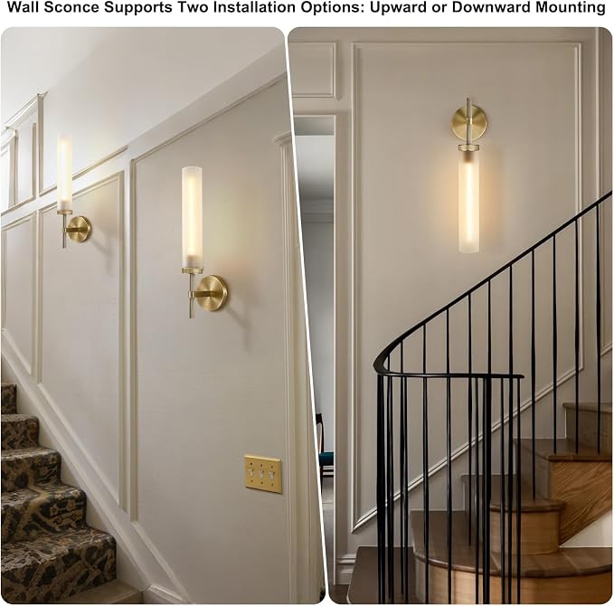 Modern Hardwired Frosted Glass Bathroom Wall Sconces, Handmade Knurled Brass Wall Light Fixture,Modern Vanity Light for Living Room,Hallway, Bedroom, 20" Indoor Wall Lamp, Bulb Included
