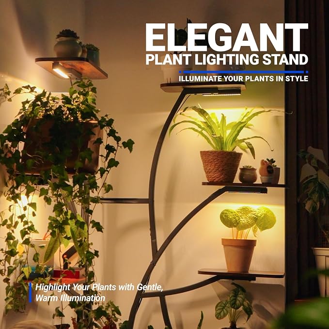 Barrina LS13 Corner Plant Stand with Grow Lights, 9-Tier, Full Spectrum | 63.8" Tall Plant Shelf, Warm T5 Grow Light, Timer, Tree-Shape Corner Flower Holder for Living Room, Home Decor, Gardening