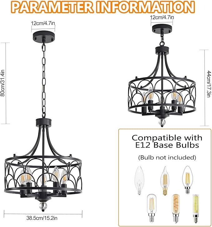 5-Light Black Chandelier,15.2in Farmhouse Lantern Pendant Light Fixture,Adjustable Hanging Ceiling Lamp with E12 Socket,for Kitchen Island,Bedroom,Entryway,Dining Room