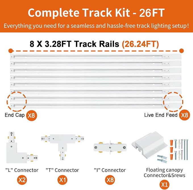 26FT H Track Lighting Rail Kit, White 120V H Type Track Rail System | Includes Floating Canopy Connector, I/L/T Connectors, End Caps and Live End Feed. Compatible with H style 3-wire Track Heads