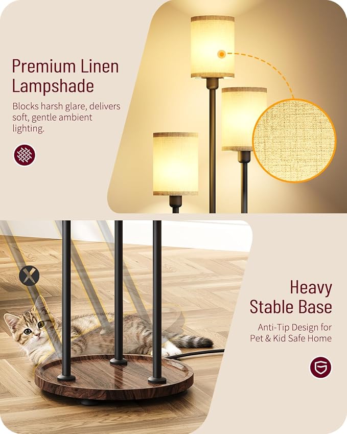 Floor Lamp with Shelves, 3-Light Floor Lamps for Living Room, Modern Standing Lamp with Linen Shades and Foot Switch, 66.1'' Tall Corner Lamp for Bedroom, Office, E26 Base, Walnut and Beige