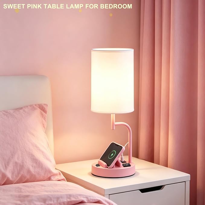 Dreamholder 2 Pack Table Lamp, Bedside Lamp with 3 USB Charging Ports & AC Outlet, USB Desk Lamp with 2 Phone Holders, Linen Fabric Shade Nightstand Lamps for Bedroom Living Room Office, Baby Pink
