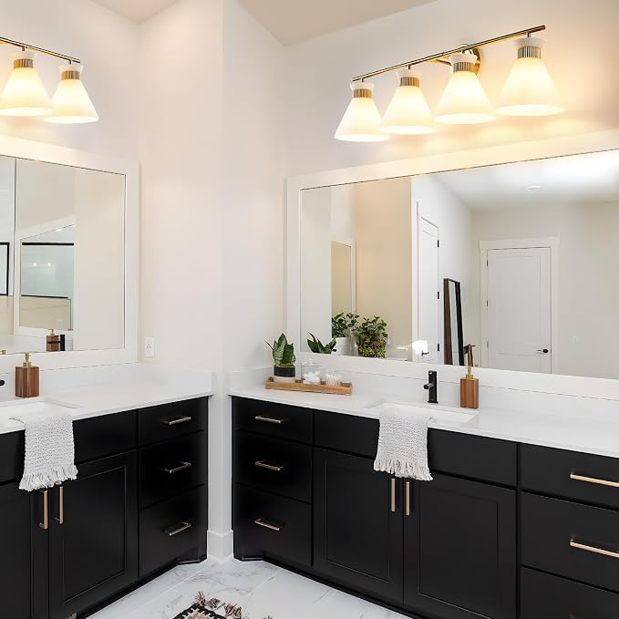 WOSHITU Bathroom Vanity Light Fixtures: 4 Bulb Mid Century Modern Vanity Lights for Bathroom, Brass Gold Wall Sconce Lighting with Frosted Milky Glass for Over Mirror Bath