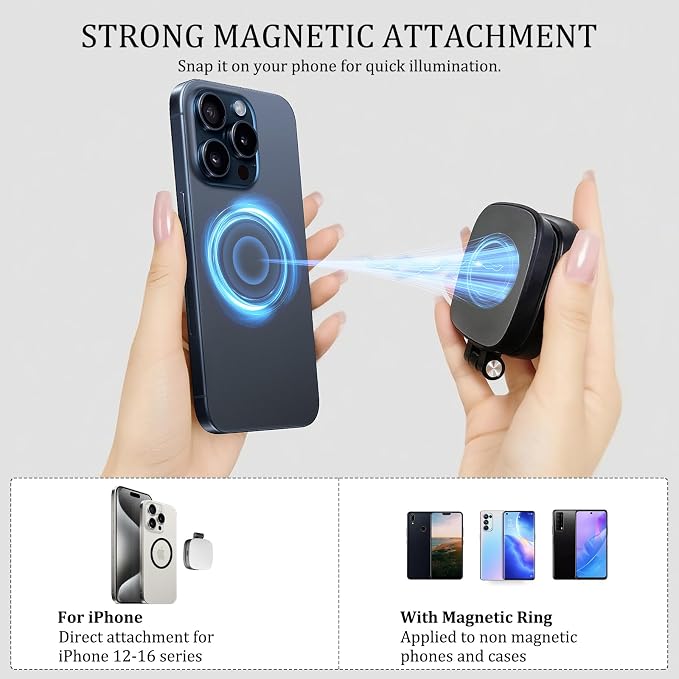 Magnetic Selfie Light Compatible with MagSafe for iPhone – Rechargeable LED Fill Light with Mirror, CRI≥95, 5 Color Temps, Foldable Ring Light
