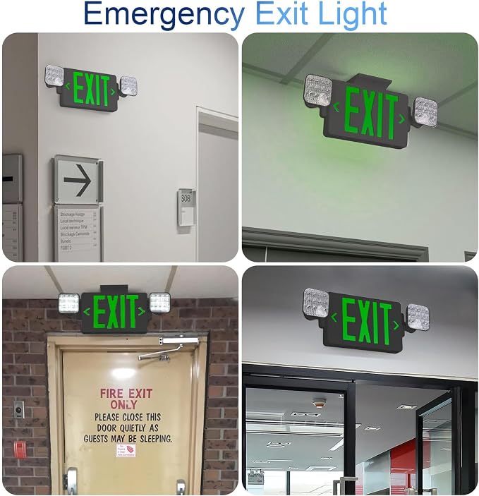 Black Green LED Exit Sign Emergency Light Combo, UL Listed Battery Backup | UL-listed commercial fire exit sign features 90-min battery backup, 360° rotating dual heads, and easy dual-mount setup.