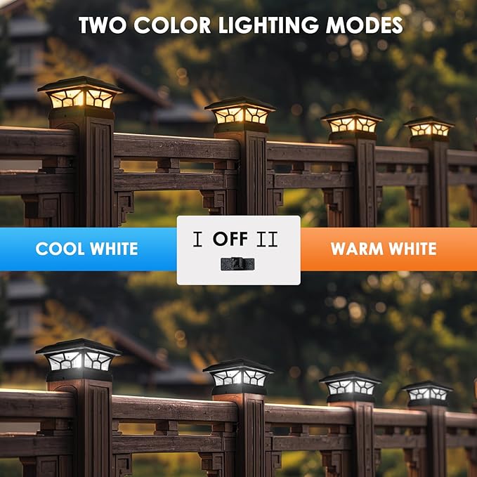4 Pack Solar Post Cap Lights Outdoor Waterproof, Fits 4x4, 5x5, 6x6 Wooden & Vinyl Fence Decks, Edison LED Bulb with Warm & Cool White Light Modes.(Classic Black,4)