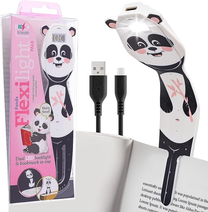 Gifts for Readers & Writers Rechargeable Book Light for Kids, Clip On Reading Light for Bed, 2in1 Flexilight Pals & Bookmark, 12 Hours of Light Once Charged, Includes USB Cable & 2 LED Lights, Panda