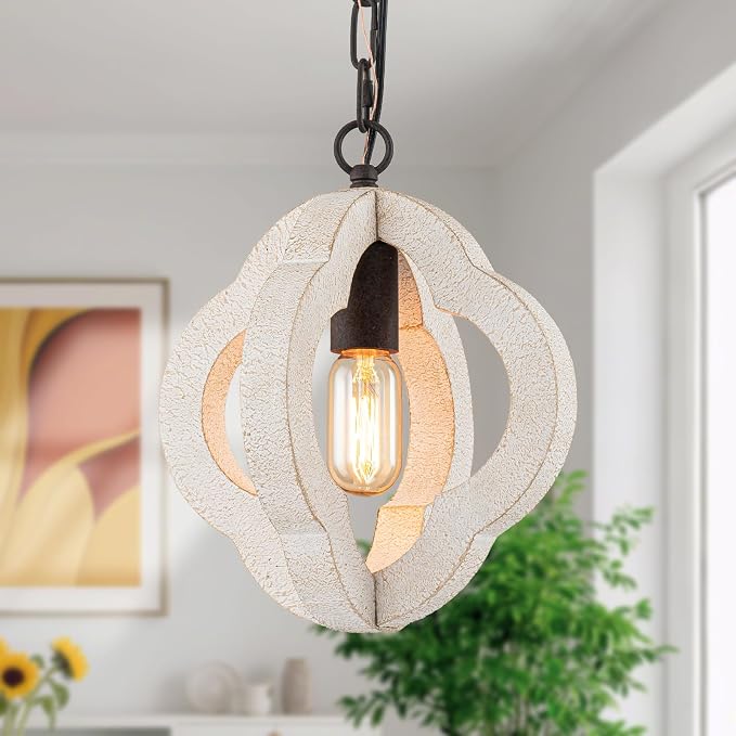 10" Small Farmhouse White Wood Pendant Light for Kitchen Island Over Sink | Distressed White Oak, Rustic Country Style, Rust-Brown Finish, Orb Shape, E26 1-Light, Ajustable Height