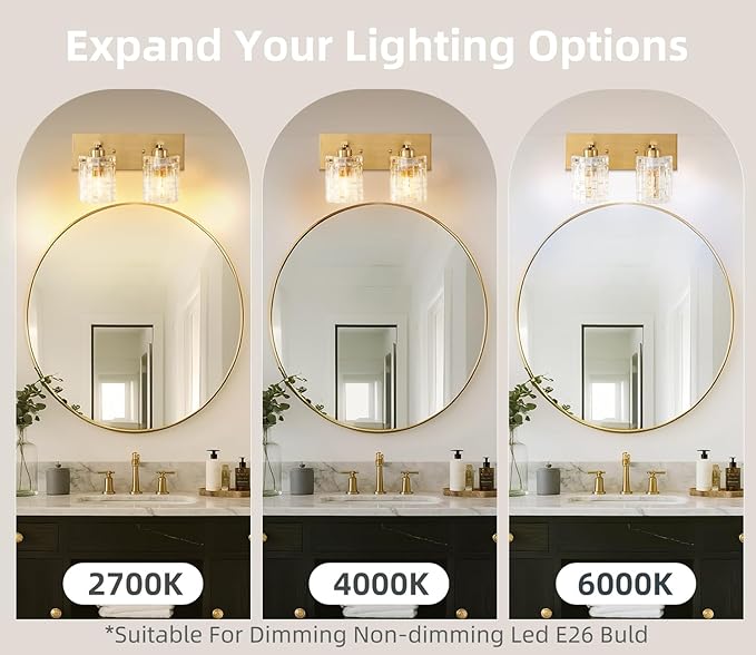Brushed Gold Crystal Bathroom Vanity Light,2 Lights Modern Bathroom Wall Light,Over Mirror Light Fixtures for Living Room, Bedroom, Hallway