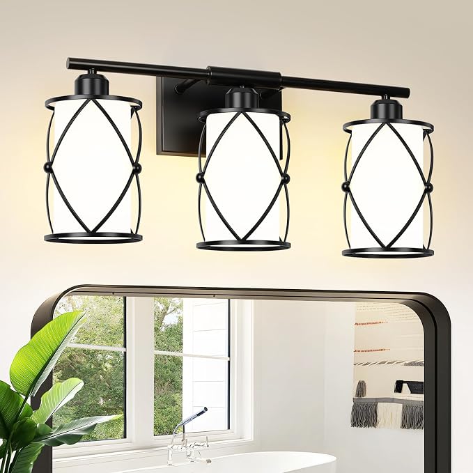 3-Light Black Bathroom Light Fixtures with Milk White Frosted Glass, 21" Modern Bathroom Vanity Lighting Fixtures Over Mirror with Metal Cage, Wall Sconce Lights for Bath, E26, CH9176BKW-3W