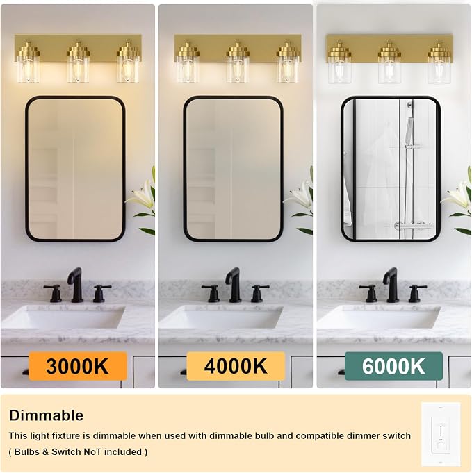 IZORRO Bathroom Vanity Light Fixture, 3-Light 22 Inch Gold Bathroom Light Fixtures Over Mirror, with Clear Glass Shade, Modern Farmhouse Vanity Lights, Rustic Restroom Lighting Fixtures