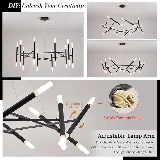 Modern Black Chandelier 56" Circle Round Light Fixture Large Dining Room Metal Chandelier Over Table 20 Light Contemporary Chandeliers Lights for Living Room Master Bedroom Foyer, G9