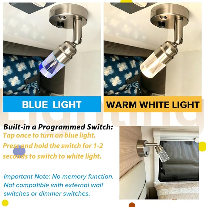 RV Reading Lights 12v Interior RV Light With USB Port Camper Sconce Led Lighting with USB-A Charger for Bedside 2W 100LM 12 Volt Led Light Blue Warm White 3000K Lighting Fixture Brushed Nickel, 2-Pack