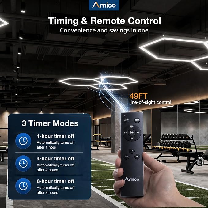 Amico Hexagon Garage Lights Dimmable & Tunable, 1 Hex Grid, Remote & Timer | 10-100% Stepless Dimming, 3500K-6500K Adjustable, 48W 6000LM Honeycomb LED Ceiling Lights for Garage Workshop Car Detailing