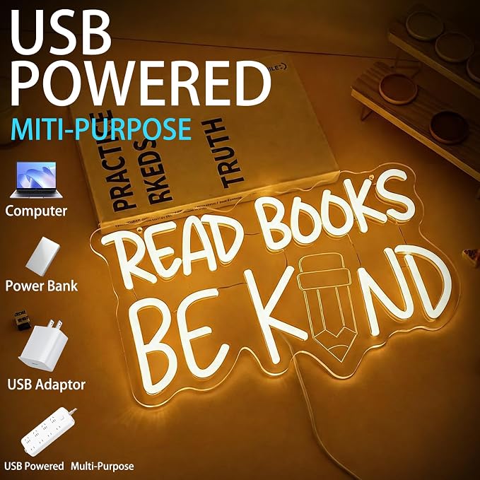 Read Books And Be Kind Neon Sign for Wall Decor Warm White Read Books Neon Light Dimmable Classroom LED Light up Signs for Study Room Bookstore Bedroom Classroom Library Decor