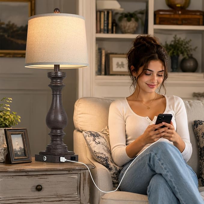 29" Tall Farmhouse Table Lamp for Living Room Set of 2,Vintage Retro Nightstand Lamps with USB C+A Ports & AC Outlet,3-Way Dimmable Touch Bedside Lamp for Bedroom End Table,Earthy Tone