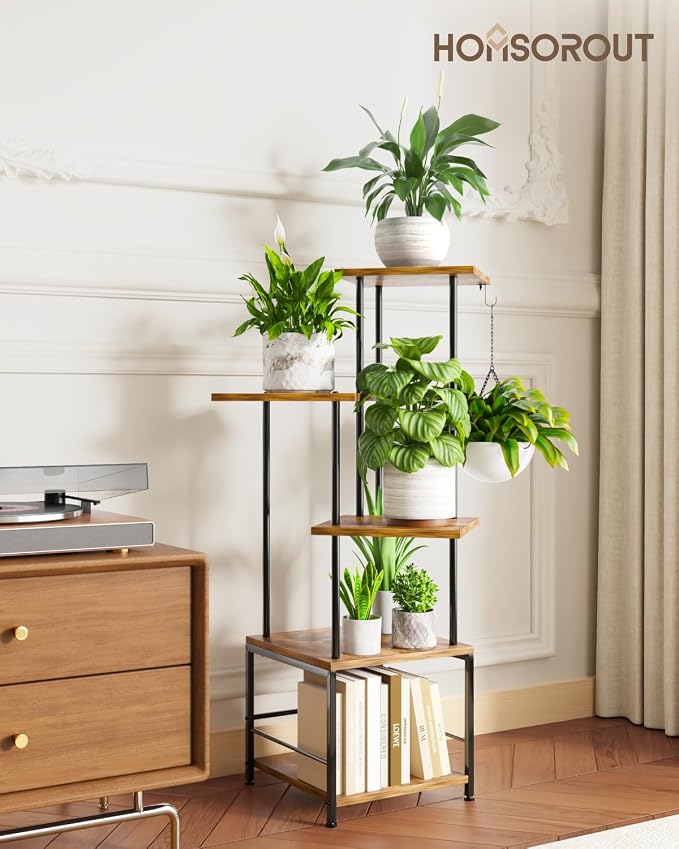 Plant Stand Indoor - 5-Tier Metal Plant Shelf with Hanging Basket Hook, Corner Tall Flower Holder for Multiple Plants, Living Room Balcony Garden Patio, Rustic Brown