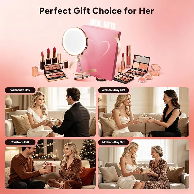 30X Makeup Mirror with Lights, Brightness Adjustable with 3 Colors, Double Sided Magnifying Mirror with 360° Rotation, Lighted Makeup Mirror with Magnification, Ideal Gift for Her - Rose Gold