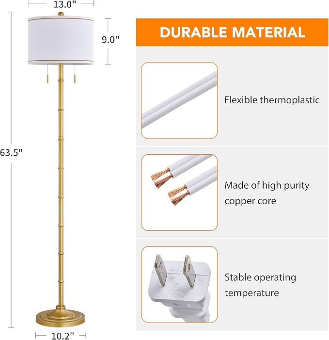 Upgraded 2-Light Mid Century Modern Glod Floor Lamp for Living Room | 63.5'' Tall Floor Lamp with 3 Color Temp Bulbs, Living Room Lamp with Chain Switch, Standing Lamp for Bedroom, Office, Corner