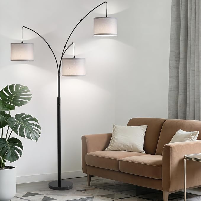 Floor lamp with Remote, 3 Light Arc Floor Lamps for Living Room, 2400LM Tall Standing Floor Lamps with Gray Shades, 80" Large Floor Lamp for Bedroom, Office