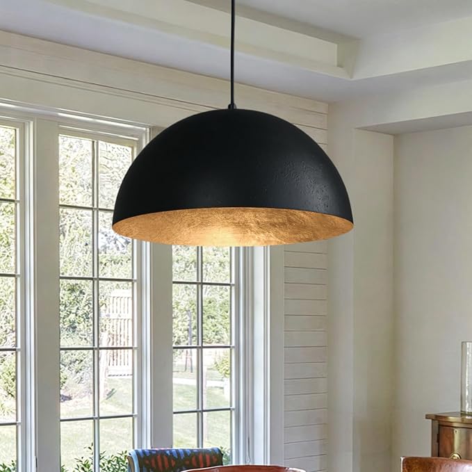15 Inch Black and Gold Leaf Pendant Light, Grainy Matte Black Dome Chandelier with Hand-Applied Gold Leaf Interior, E26 Socket for Kitchen Island, Dining Room, or Bar