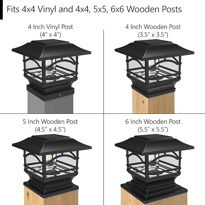 Davinci Edison Solar Outdoor Post Cap Lights, 4x4 5x5 6x6, Metal&Glass, 2PK | Slate Black, fence/deck/garden/patio posts, diecast aluminum & glass, bright 30lm warm white LED, auto-on, 8h, cordless, IP44