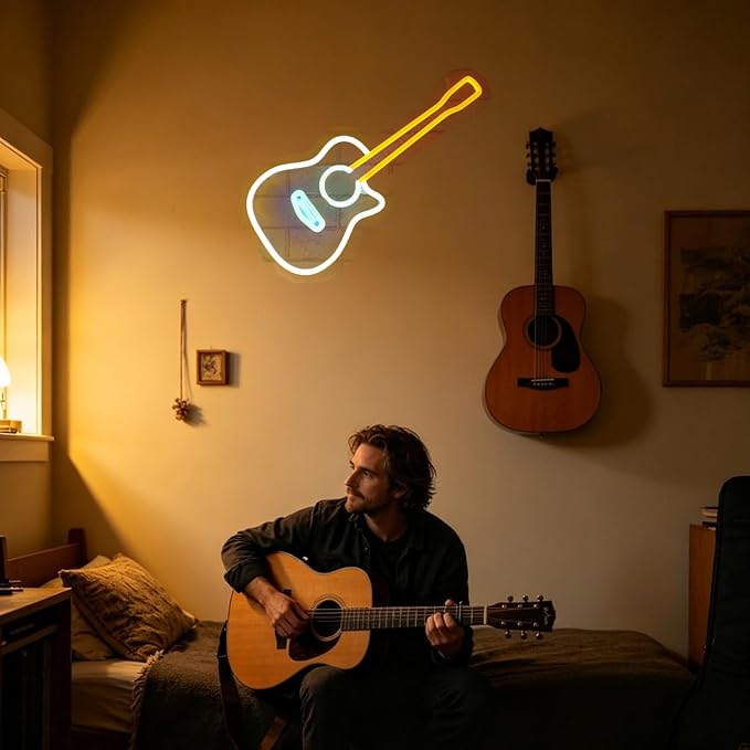 Guitar Neon Light, Dimmable LED Guitar Neon Wall Sign USB Powered, Decorations for Bedroom Living Room Man Cave Music Studio, Gift for Guitar Players Guitarists Music Lovers