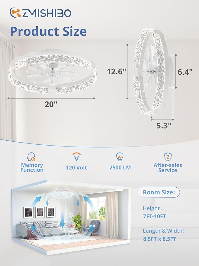 ZMISHIBO 19.7" Ceiling Fans with Lights, Low Profile Ceiling Fan and Remote, Flush Mount Ceiling Fans, Stepless Dimmable LED Light, White Fixtures for Bedroom, Living Room | 3CCT Dimmable LED, DC Motor, Bladeless, Reversible Blade, 6 Speeds, Modern, Lo...