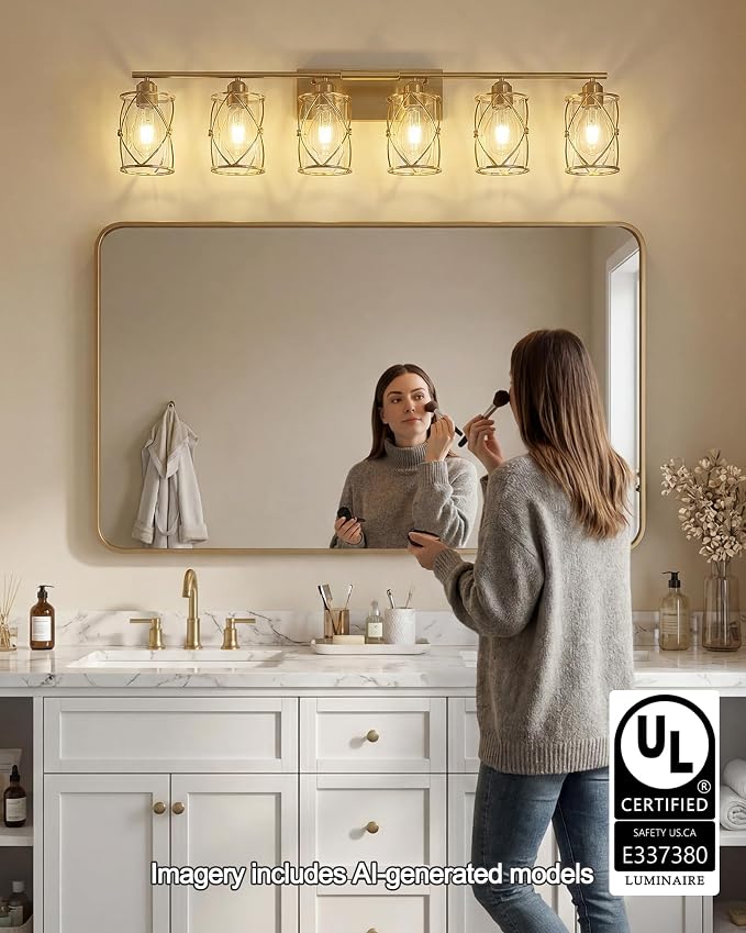 6-Light Brushed Gold Bathroom Light Fixtures Over Mirror, 42" UL-Listed Modern Wall Sconce Lights with Clear Glass and Metal Cage for Bath, Hardwire E26, CH9176BG-6W