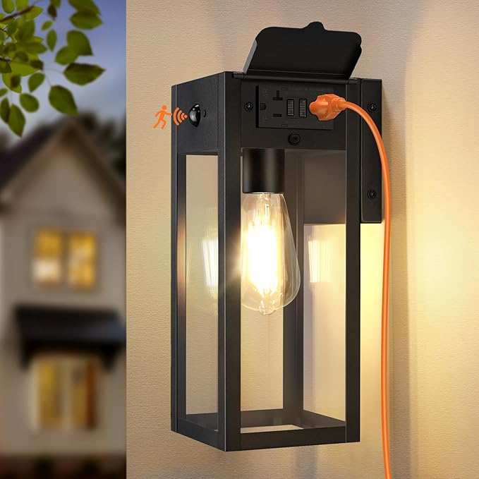Porch Lights with GFCI Outlet, Motion Sensor Outdoor Lights | Dusk to Dawn, Anti-Rust, Waterproof, Tempered Glass, Easy Installation, E26 Socket, Exterior Lighting for Patio Garage, Black