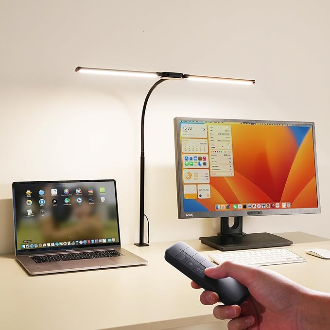 Dual-Head LED Desk Lamp for Office Home, Adjustable Flexible Eye-Caring Desk Light, 5 Modes 10 Brightness Adjustment, USB Adapter Desk Lamp with Clamp-ST-B