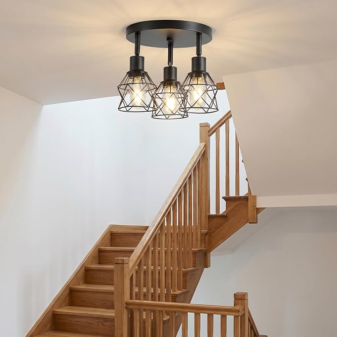 LOUSACE 3-Light Track Lighting with Rotatable Light Head, Black Track Lighting Fixtures Ceiling Industrial Kitchen Round Ceiling Spotlight with Metal Cage for Home Dining Room Hallway