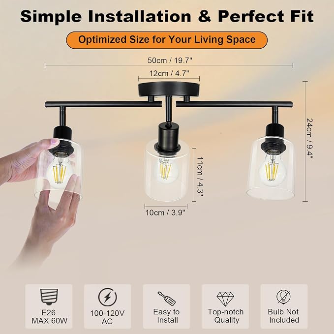HiBay 3-Light Track Lighting Fixture Black, Ceiling Wall Mount Spotlights | Adjustable 3 Heads with Glass Shades, Modern Farmhouse Industrial, for Kitchen Island, Bathroom, Bedroom, E26 Base