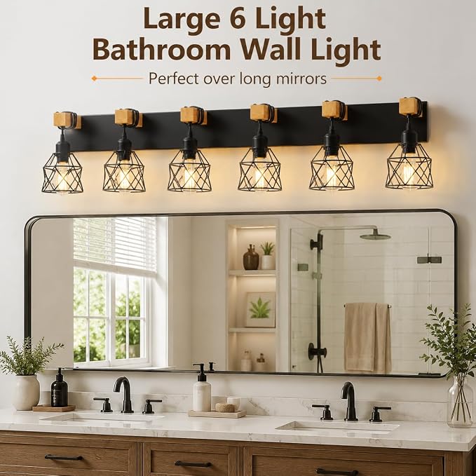 Farmhouse Vanity Light Fixture,6-Light Bathroom Lighting,Black Industrial Wood Wall Light Over Mirror with Metal Shade,LED Bulbs Not Included