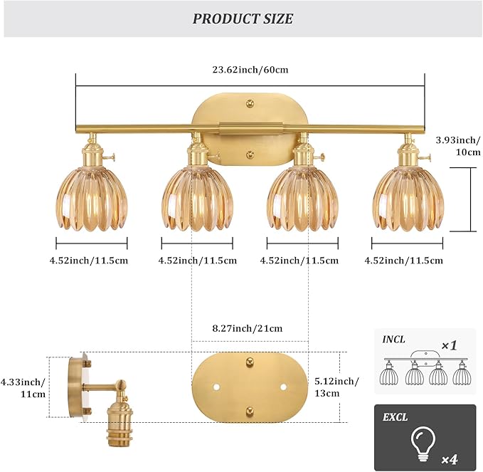 Bathroom Light Fixtures, 4-Light Brass Vanity wall Light Over Mirror with Amber Tulip Glass Shade for Bedroom Living Room (Bulb Not Included)