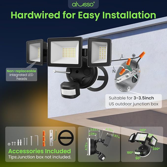 ALUSSO Motion Sensor Outdoor Lights , 40W 4500LM Flood Lights Outdoor 120V | Night Light 2400K/3000K/4000K/6500K 3 Modes (Dusk to Dawn/Auto/On Time), Waterproof Hardwired Security Light ETL Listed, 1PC