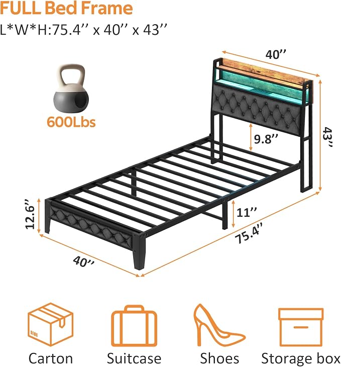 Winkalon Twin Metal Bed Frame with RGB Lights, Charging Station, Upholstered Headboard, Storage Shelves & Under Bed Space, Powder Coated, 250 lbs Capacity