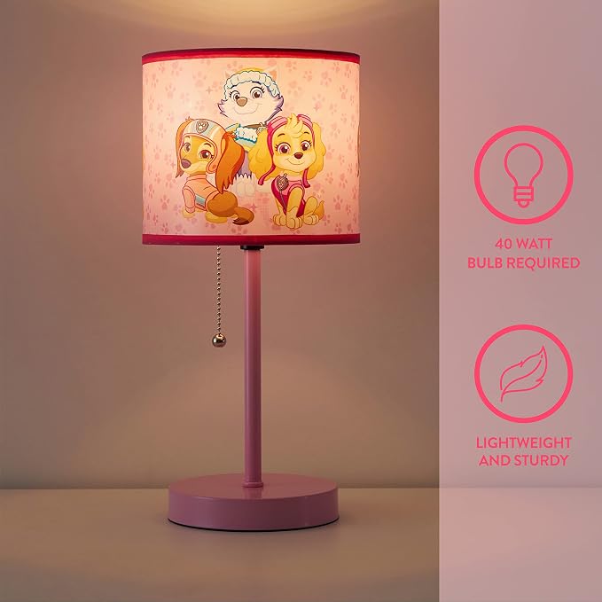 Paw Patrol Stick Table Lamp for Kids – Featuring Everest, Liberty & Skye, Pull Chain On/Off, Printed Decorative Shade, Perfect for Bedroom, Nursery or Playroom